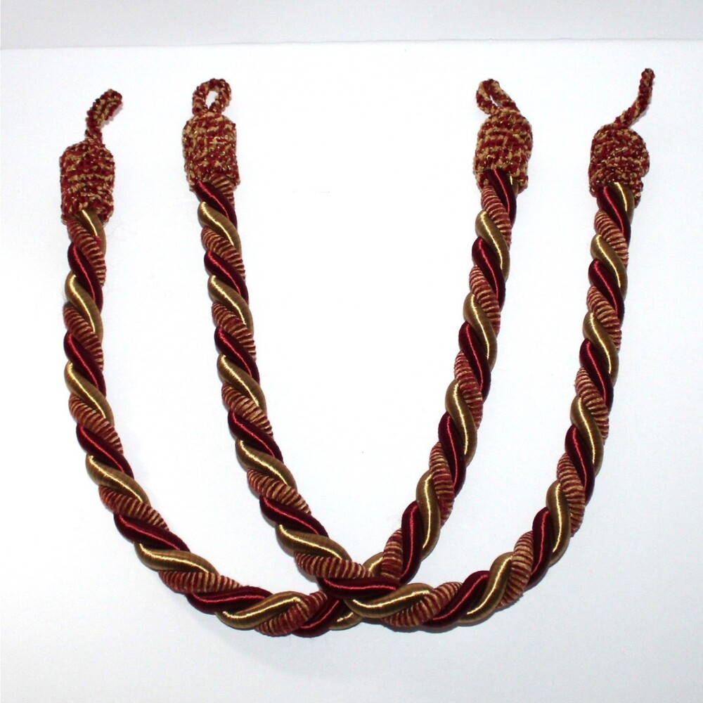 1 pair Curtain Rope Tie Back Gold Burgundy red Twisted Cord 25” empire victorian